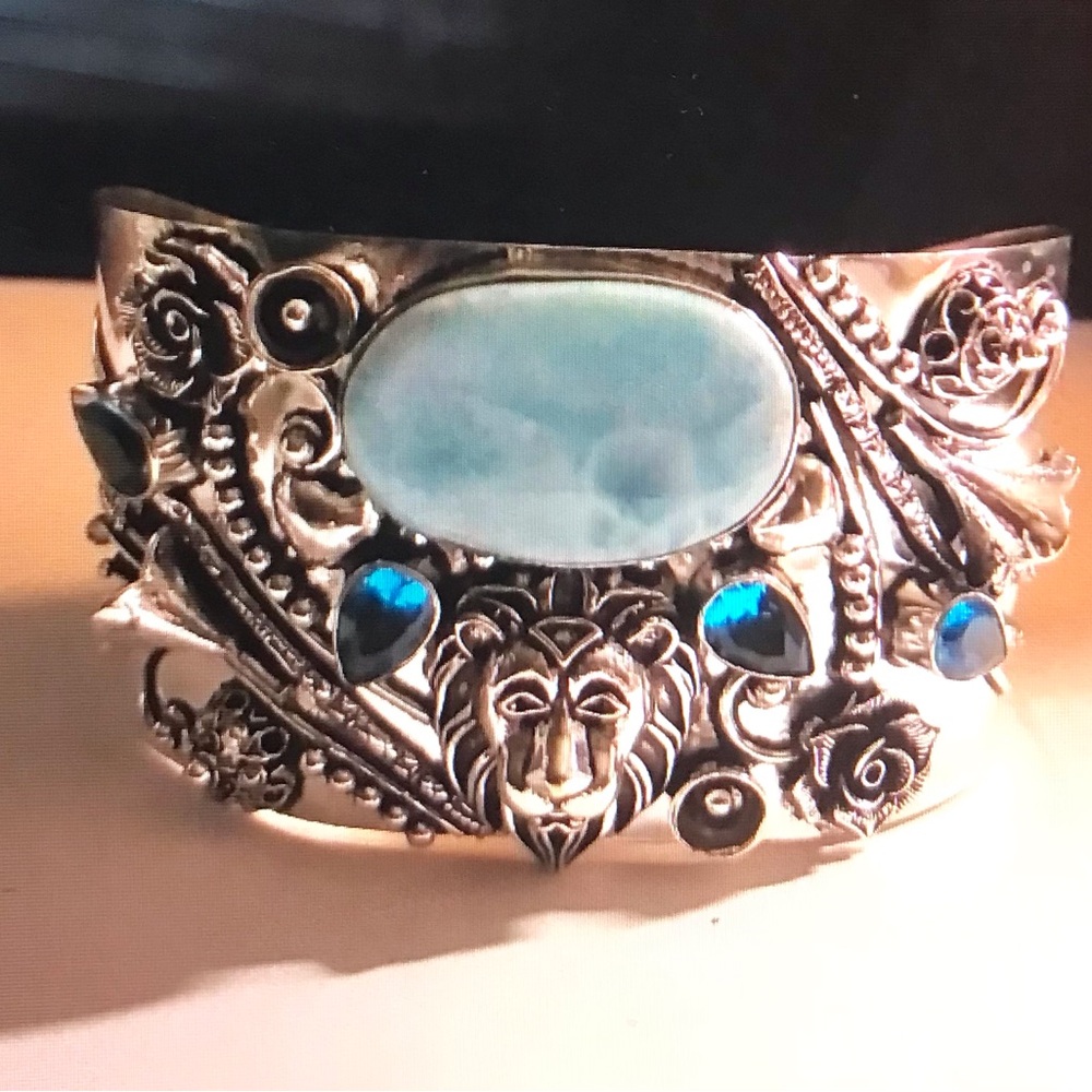 Larimar Blue Topaz Stamped 925 Sterling Silver Cuff Bracelet